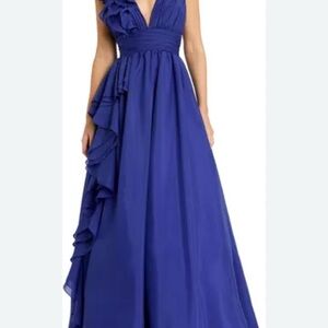 Blue Asymmetrical Ruffled Prom Gown
